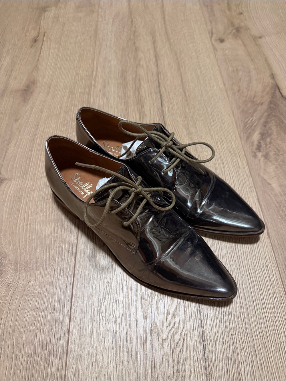 Shellys London Women's Pointed Patent Lace-Up Oxfords in Mirrored Bronze
